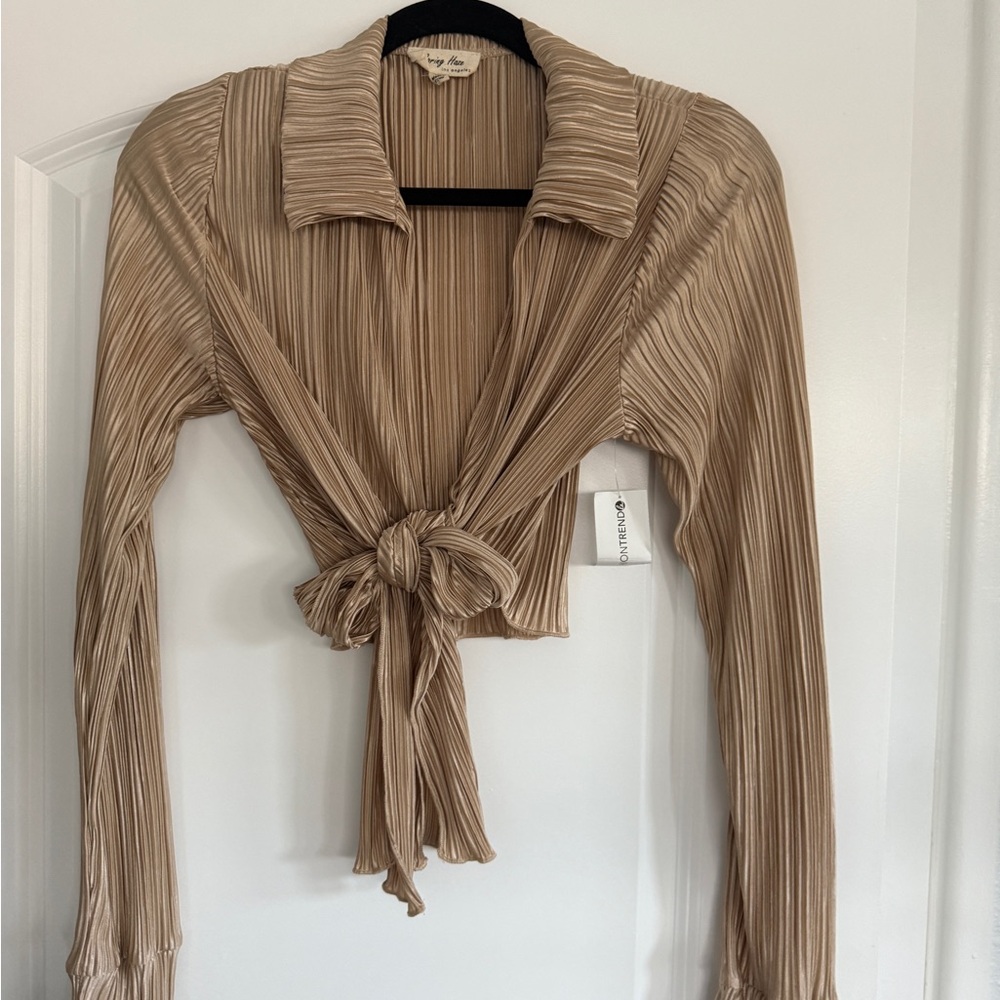 Tan Pleated Blouse with Tie-Front and matching pants